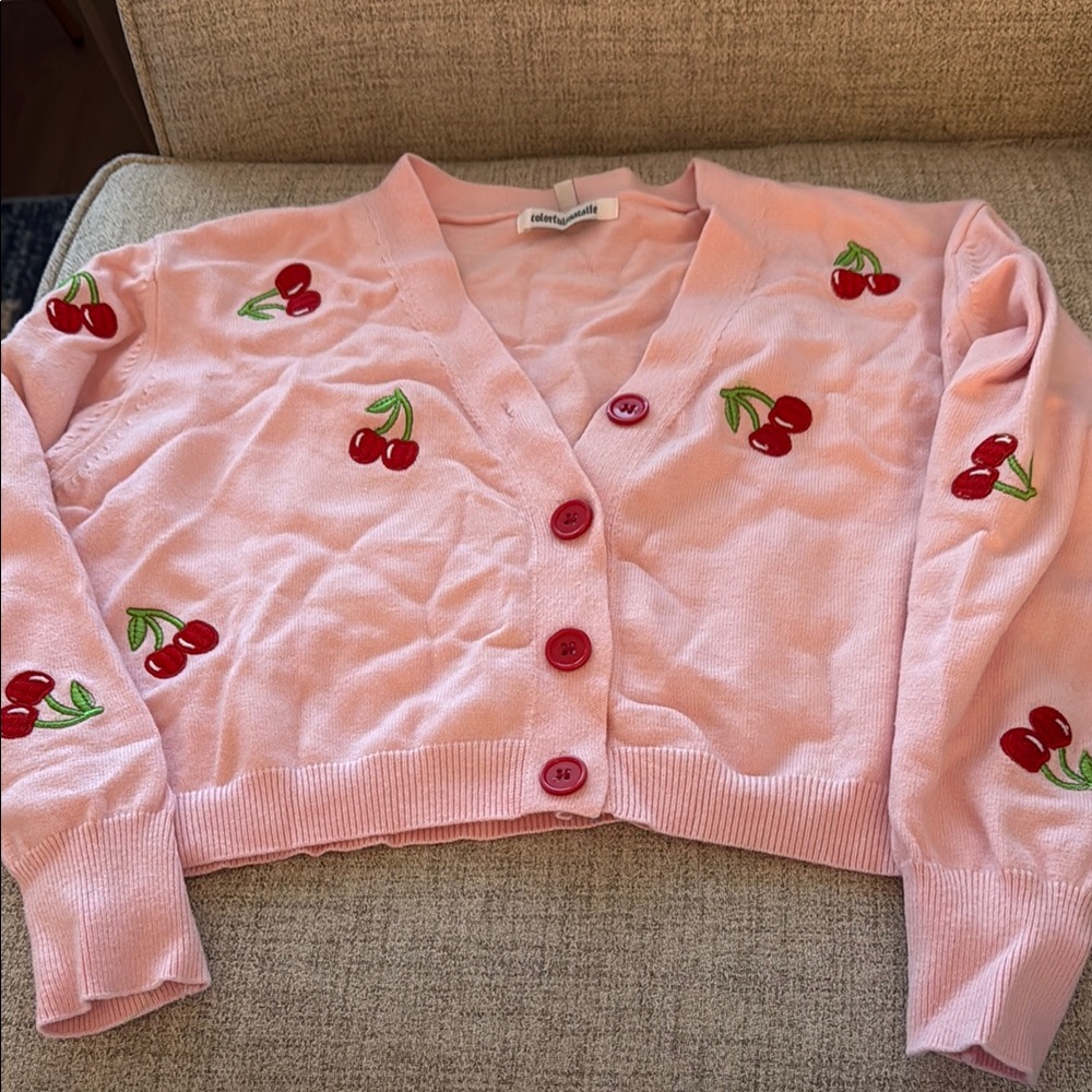 Pink Floral Embroidered Cardigan Sweater
